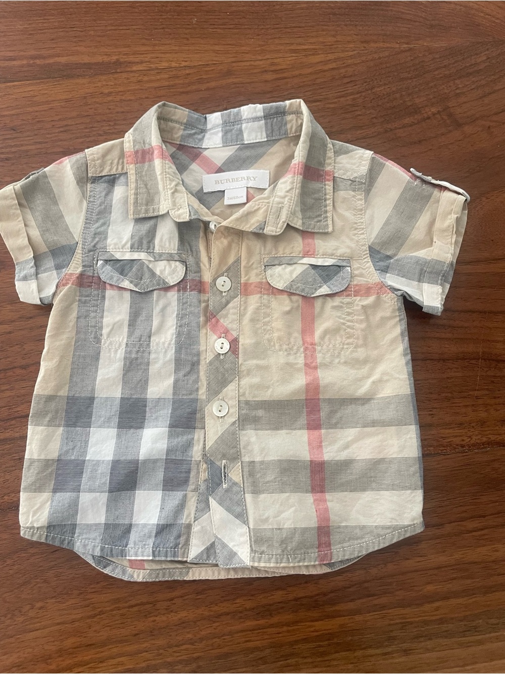 Burberry Kids Short-Sleeve Button-Down in Beige Plaid with Pink Accents